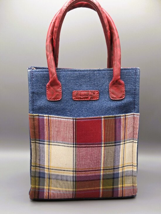Longaberger Handbags - Longaberger Mini Tote Denim Plaid Bag Red Leather Trim Small America Classic